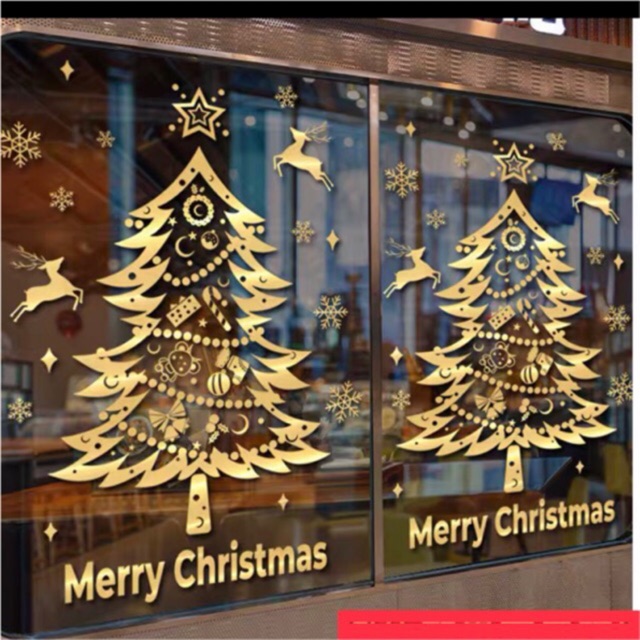 Decal trang trí tường Noel - Ánh vàng thông nhọn kèm chữ cao cấp