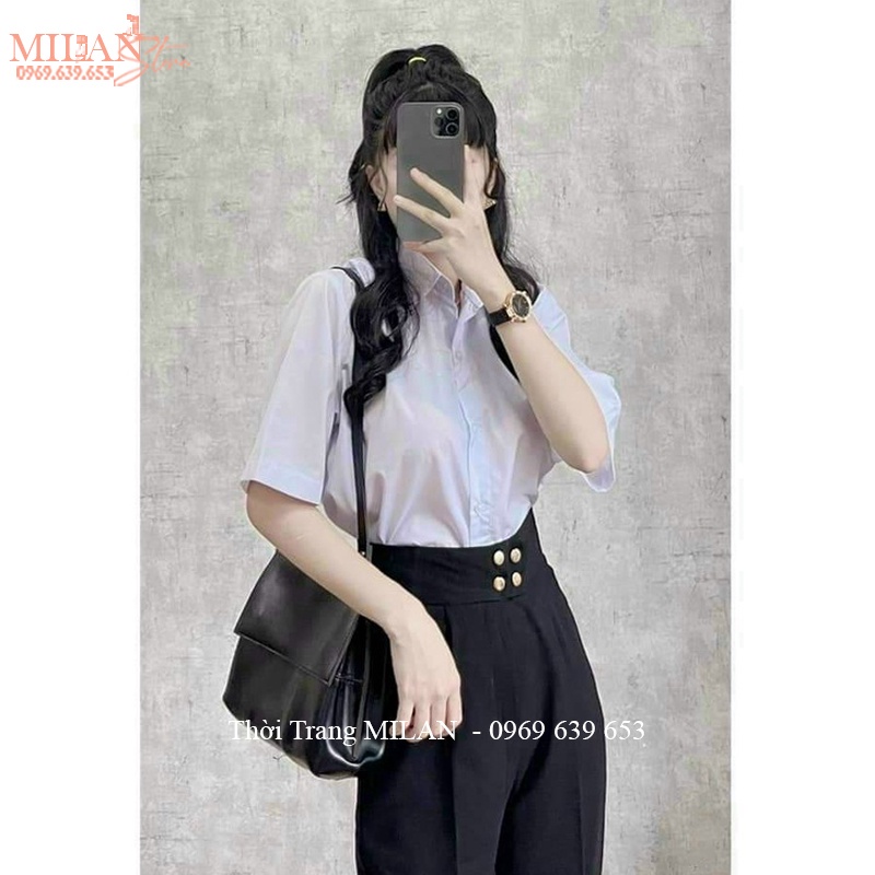 Quần tây nữ đi học lưng cao cúc bấm dáng dài màu đen - Quần vải baggy cạp cao học sinh chất tuyết mưa  mặc công sở đẹp