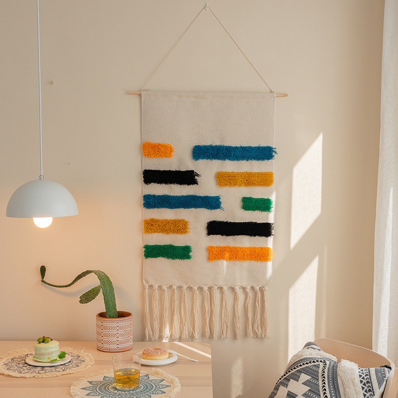 Thảm Treo Tường Bằng Cotton Phối Tua Rua Phong Cách Bohemian Cổ Điển Độc Đáo Trang Trí Nhà Cửa