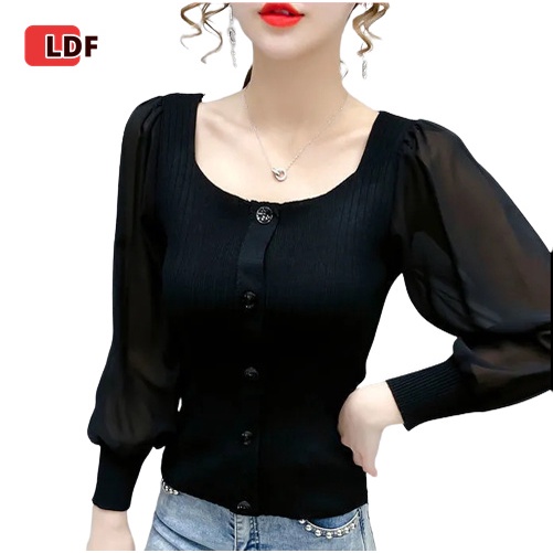 Áo Lưới Cổ Vuông Tay Dài Phồng Phối Màu Tương Phản Thời Trang Cho Nữ
