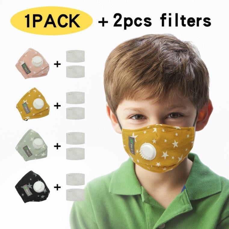 (Tặng 2 tấm lọc PM2.5) Khẩu trang vải cho bé có kính che giọt bắn và van thông hơi, chống bụi mịn cao cấp