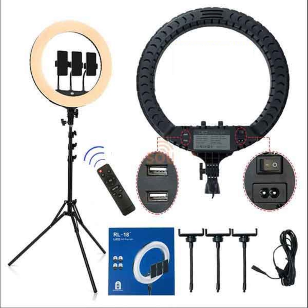 Đèn livestream size 45cm 3 kẹp điện thoại kèm gậy 2m1 hỗ trợ chụp ảnh, make up,quay video 3 chế độ sáng