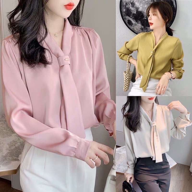 Sơ mi lụa cổ cà vạt kèm khuy