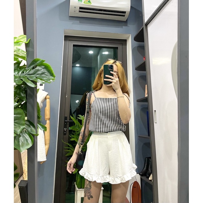 Set chân váy trắng hai lớp áo hai dây sọc caro dây áo tự cột tự điều chỉnh có dây khoá kéo ( kèm ảnh trải sàn )