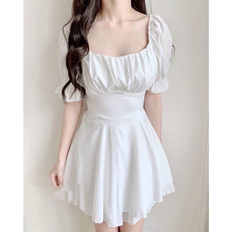 Váy Cổ Vuông Rúm Ngực Nơ Lưng, Đầm Nữ Màu Trắng Xinh