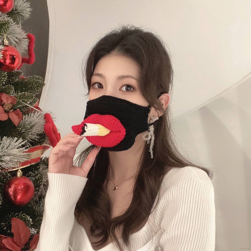 Khẩu trang dệt kim dày chống bụi hình đôi môi vui nhộn thời trang Hàn Quốc giặt được tái sử dụng được