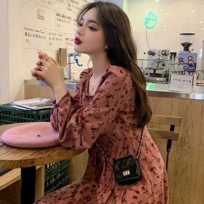 Váy nhung tăm dáng dài hoa nhí thu đông 2021 tiểu thư Hàn Quốc có bigsize