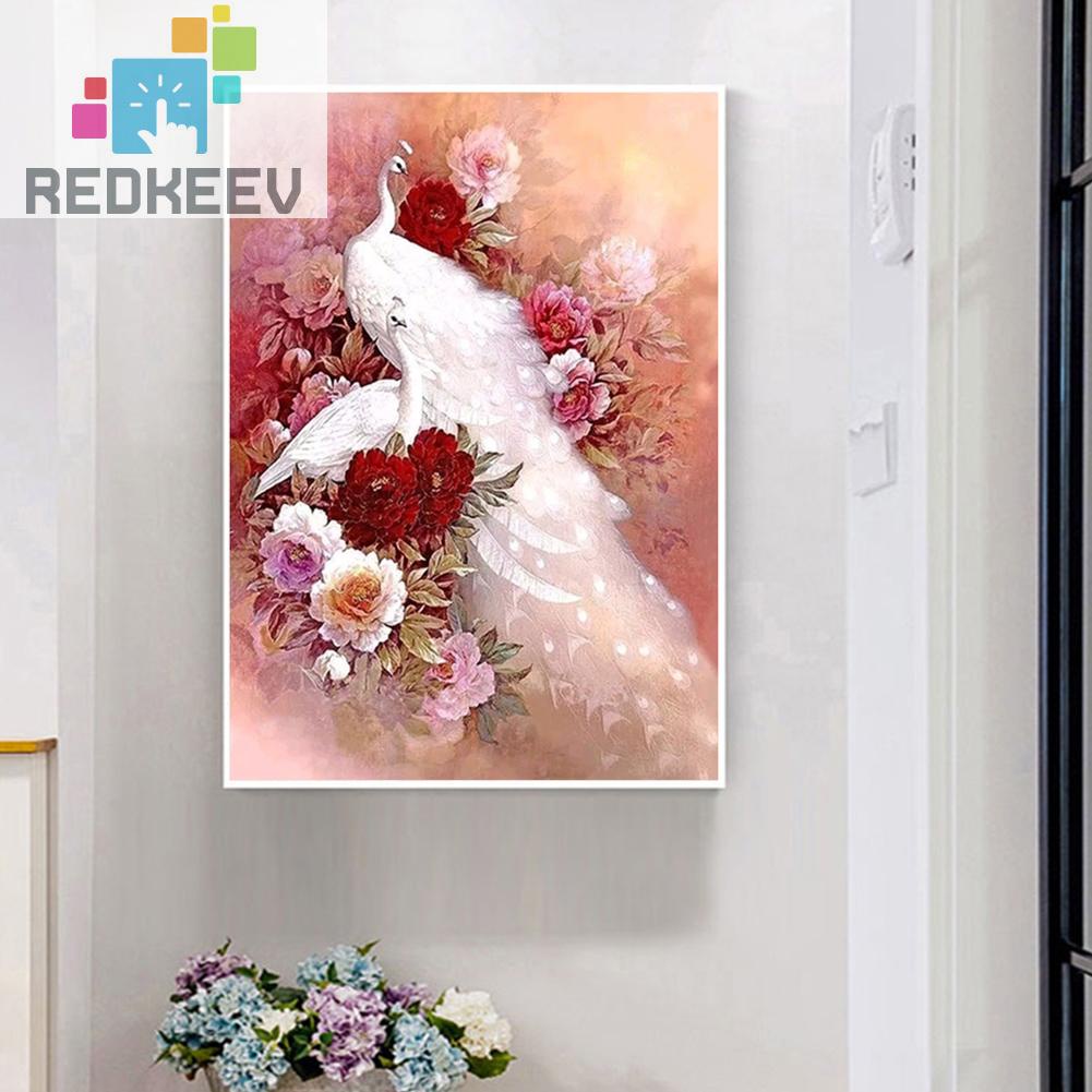 Tranh thêu đính đá treo tường trang trí nội thất hình chim công trắng 5D DIY