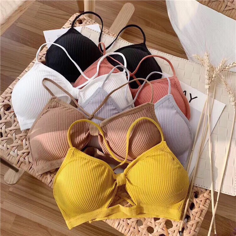 Áo ngực bra 2 dây cotton tăm nơ đan dây xẻ khe ngực nhiều màu 20194