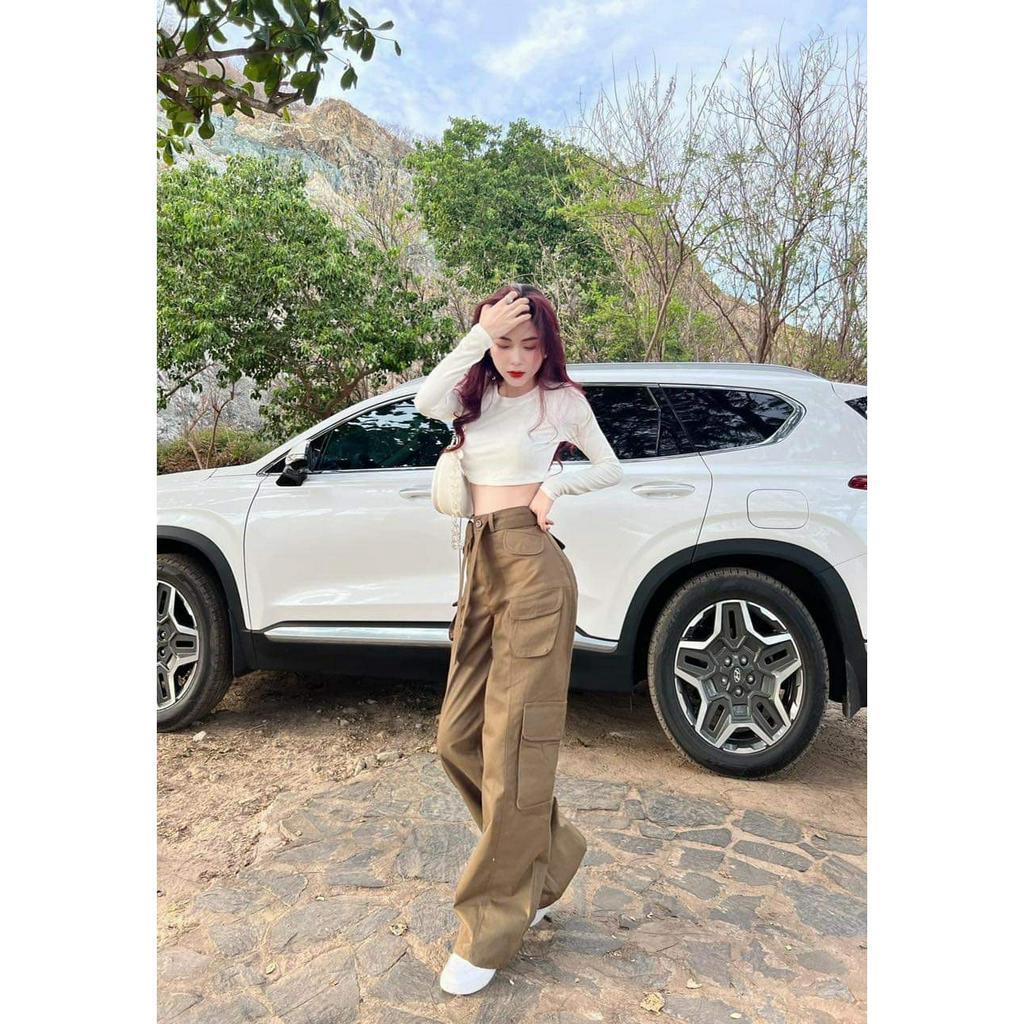 Set đồ nữ cá tính 2 món quần dài ống rộng lưng cao có khuy gài kèm áo croptop thun dài tay ôm body cực xinh