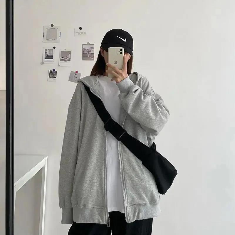 Áo Khoác Hoodie Dáng Rộng Phối Khóa Kéo Thời Trang Xuân Thu Mới 2021