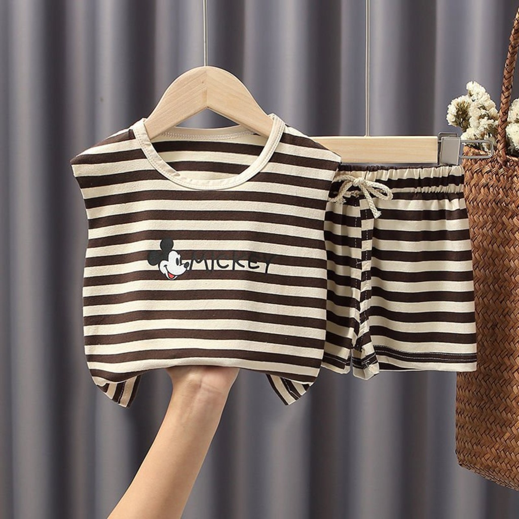 Bộ sát nách cho bé binbon kids, bộ ba lỗ cho bé trai bé gái chất thun cotton kẻ ngang Mickey cho bé từ 7-25kg