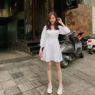 váy trắng dự tiệc tay nơ MS134 kèm ảnh thật khách mặc( sẵn) có video