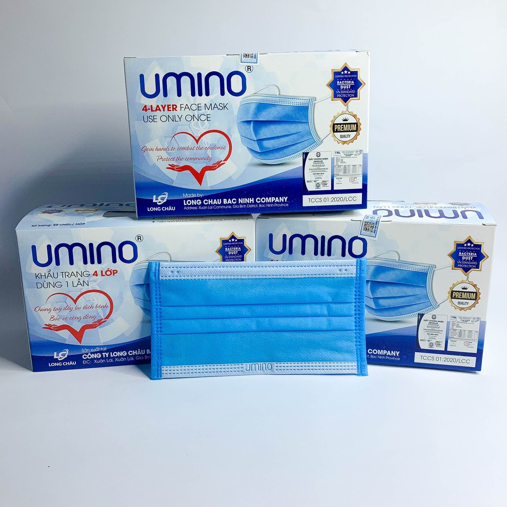 &lt;Sỉ= lẻ&gt; Khẩu trang y tế 4 lớp Umino màu xanh , hàng kháng khuẩn , hộp 50 cái #QMC