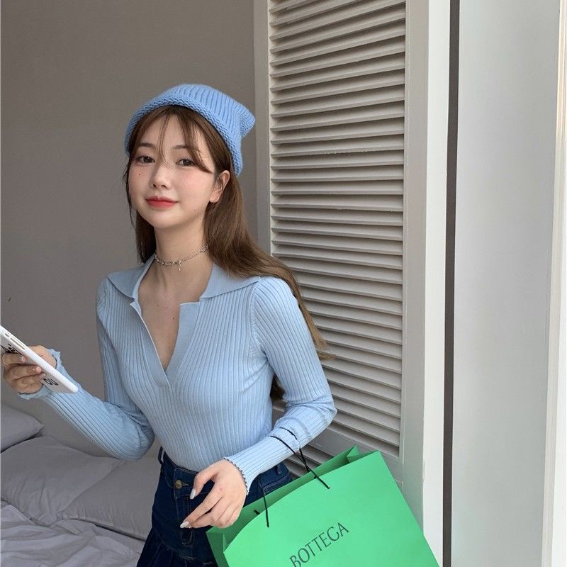 COZOK Áo len tay dài màu nâu ôm dáng phong cách phương Tây dành cho nữ