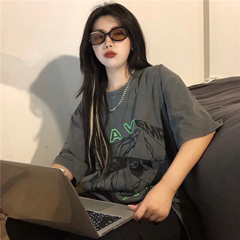 Áo thun tay ngắn dáng rộng phong cách Retro Hàn Quốc