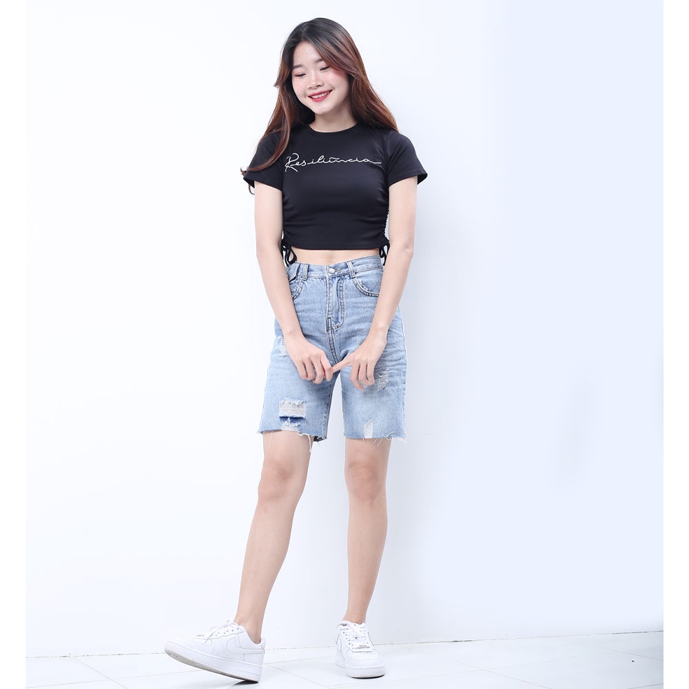 Quần đùi ngố jean nữ cạp siêu cao SAIGONJEAN rách tua lai có nắp QS023