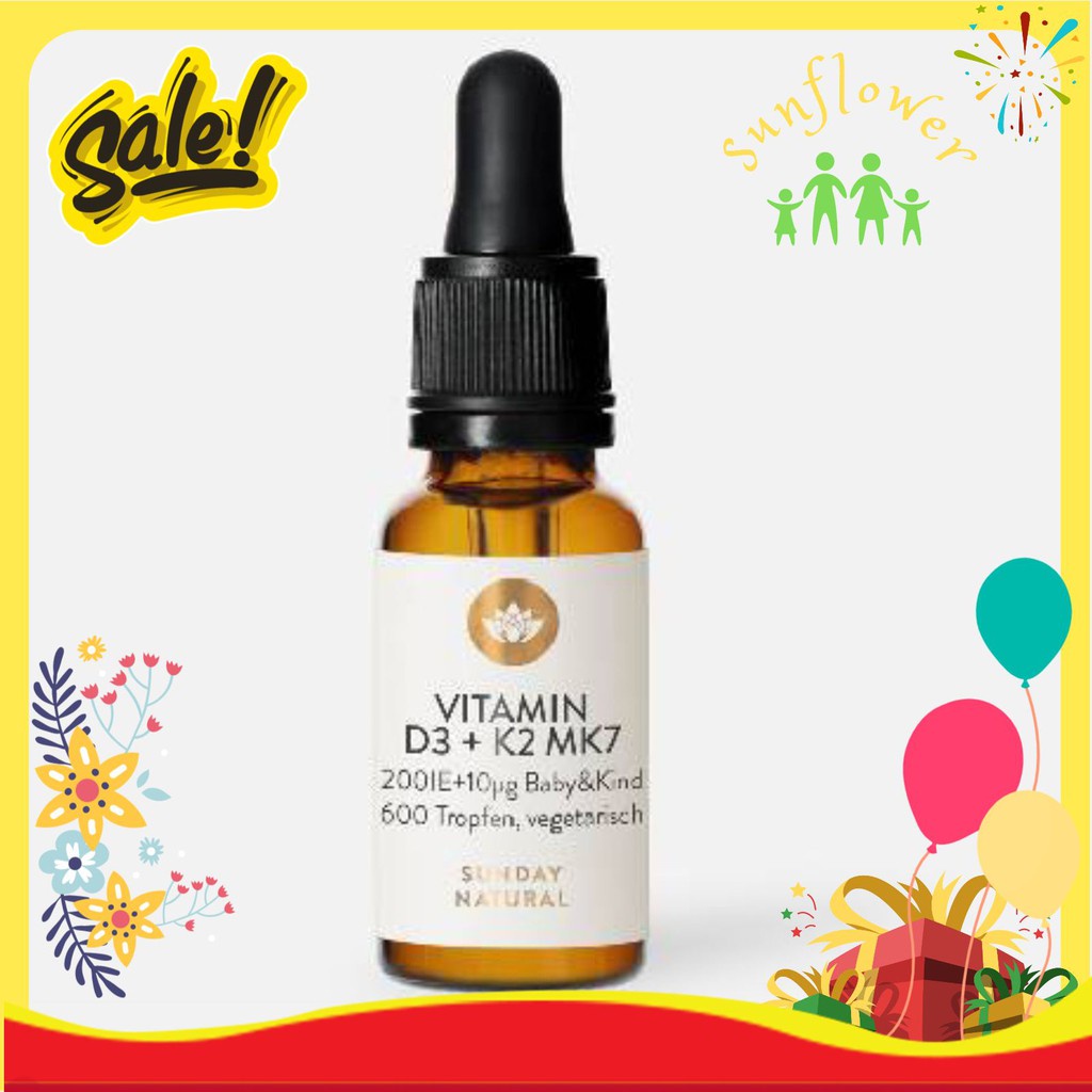 Vitamin D3 K2 MK7 Sunday Natural Đức 20ml hỗ trợ hấp thụ canxi cho trẻ sơ sinh