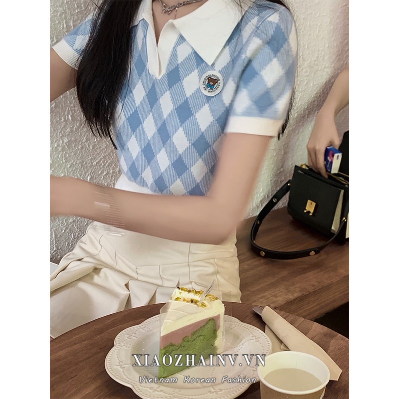 Xiaozhainv Áo Croptop Dệt Kim Cổ Polo Kẻ Sọc Kiểu Hàn Quốc Dễ Thương Cho Nữ