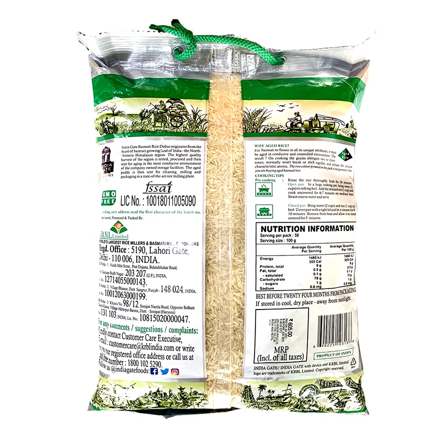 GẠO BASMATI INDIA GATE DUBAR (ẤN ĐỘ) 5KG, NGĂN NGỪA TIỂU ĐƯỜNG