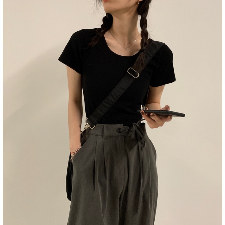 Áo thun nữ ngắn tay cổ chữ U màu sắc đơn giản 43915