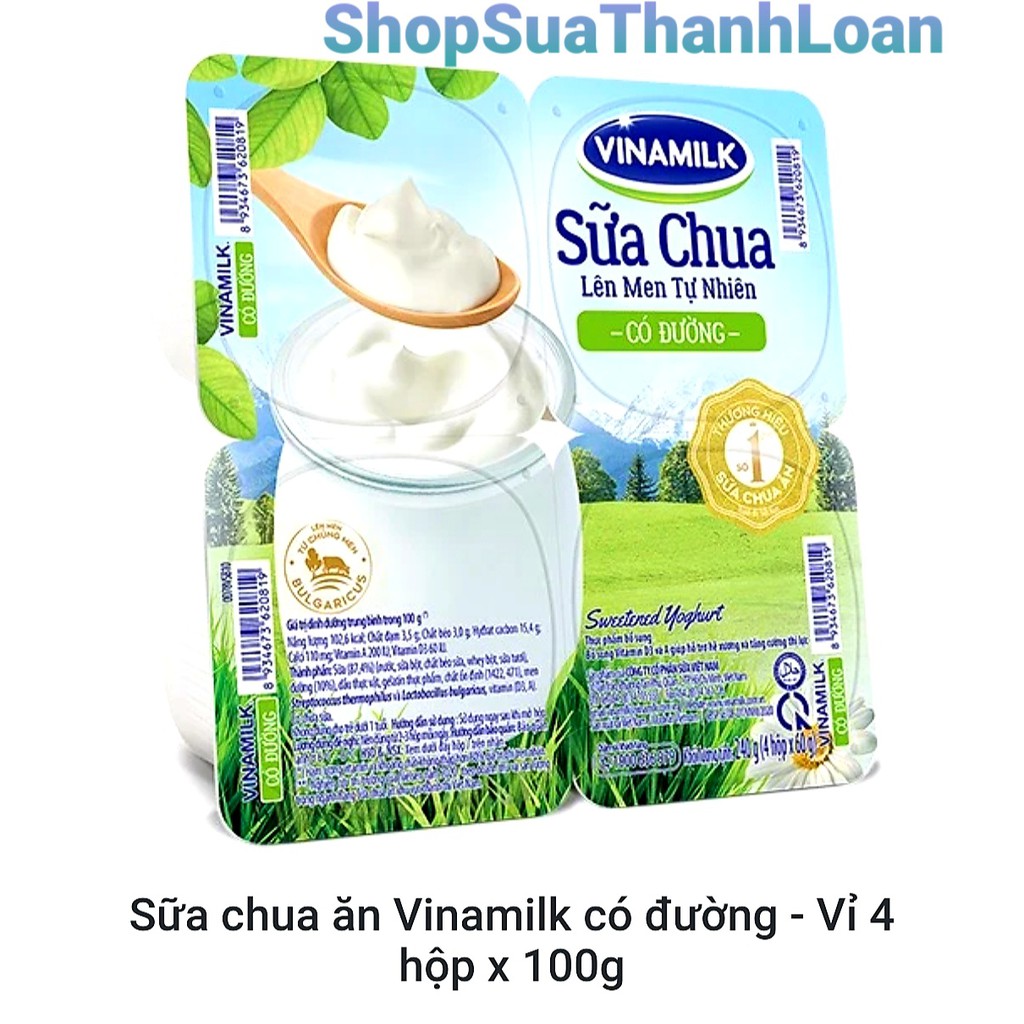 SỮA CHUA ĂN VINAMILK CÓ ĐƯỜNG - VỈ 4 HỘP X 100G