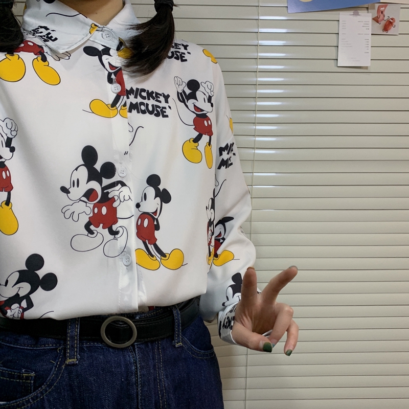 SUXI Áo Sơ Mi Tay Dài Dáng Rộng Hoạ Tiết Hoạt Hình Cho Nữ