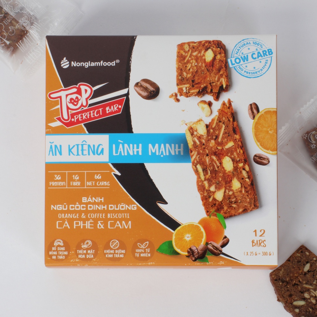 Bánh Biscotti ngũ cốc Top Perfect Bar Nonglamfood Vị Cà Phê &amp; Cam hộp 12 thanh | Ăn Kiêng Không Béo | Dinh Dưỡng