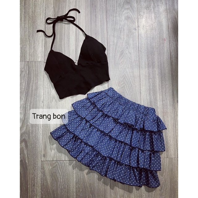 Set áo dây yếm + chân váy jean tầng