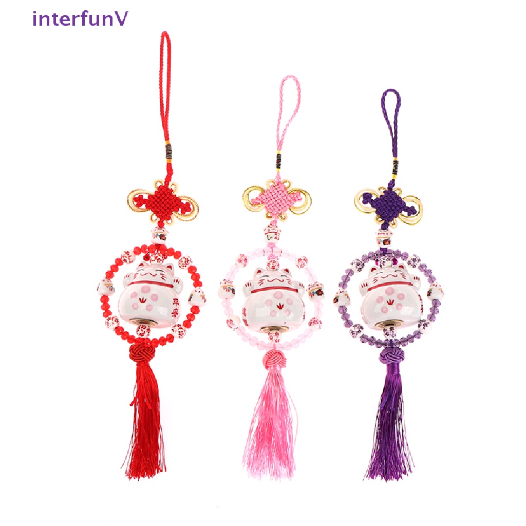 Mặt Dây Chuyền Gốm Sứ Hình Mèo May Mắn Nhật Bản Phối Tua Rua Dài Gắn Gương Chiếu Hậu Xe Hơi [Mới