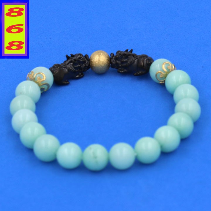 Vòng tay đá Xanh ngọc 8 ly - Vòng tay chuỗi hạt charm Tỳ Hưu Đôi inox đen VNBXTHHEV8 - hợp mệnh Mộc, mệnh Hỏa