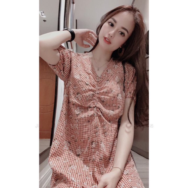Đầm bầu ngắn tay rúm ngực M071 chất đũi thời trang thiết kế Mom and Baby