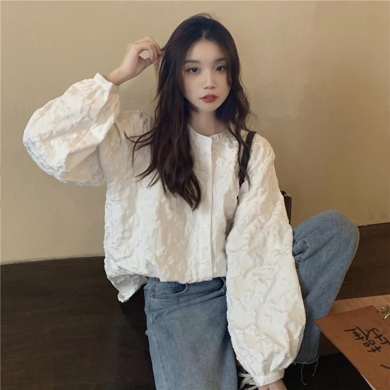 Áo sơ mi IELGY tay dài phồng phối ren màu trơn thời trang xinh xắn cho nữ