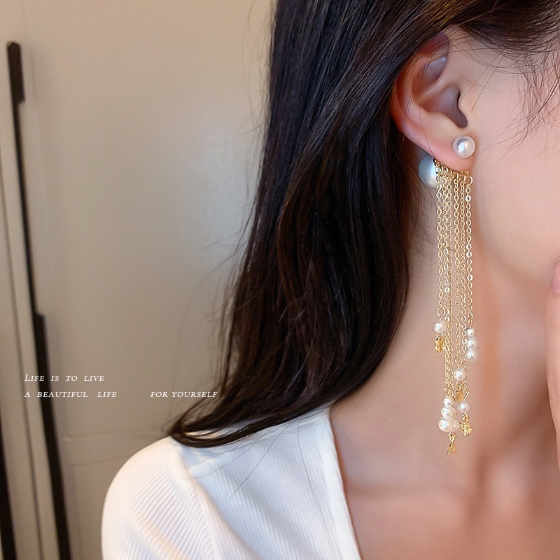 Bông Tai Bạc 925 Kiểu Dây Tua Dài Đính Ngọc Trai Thời Trang Sang Trọng