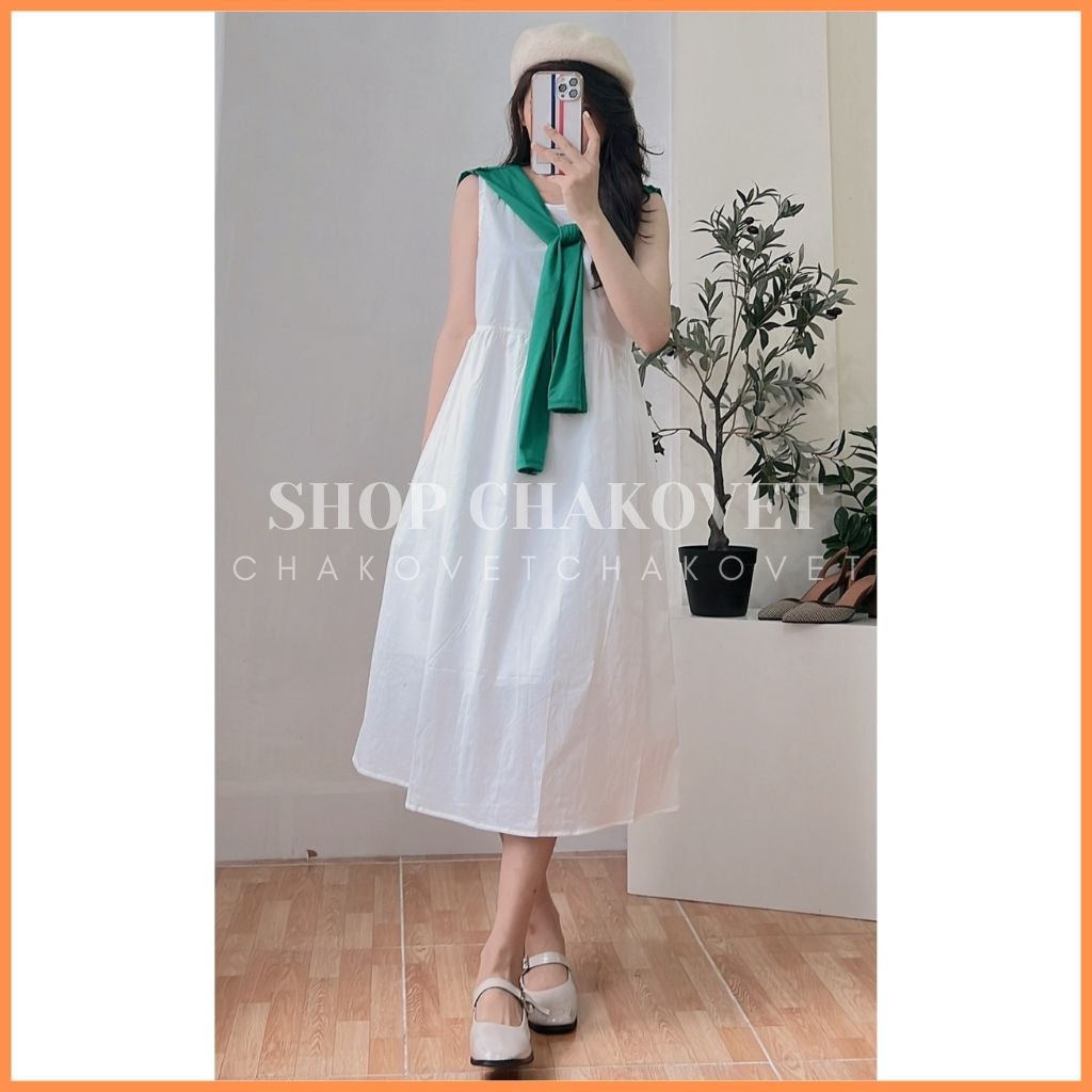 Váy nữ đi biển dáng dài kèm khăn V8232 đầm nữ maxi dáng suông ulzzang form rộng màu be trắng freesize babydoll -CHAKOVET