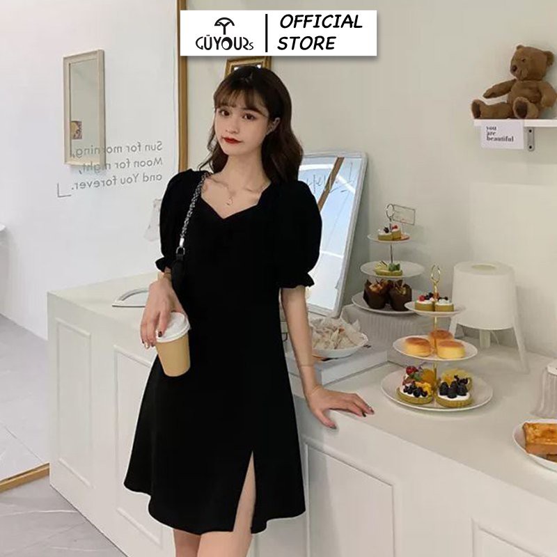 Váy xòe dự tiệc GUYOURs thiết kế cổ nhún váy xẻ tà vải tuyết mưa cao cấp màu đen GUV113 | BigBuy360 - bigbuy360.vn