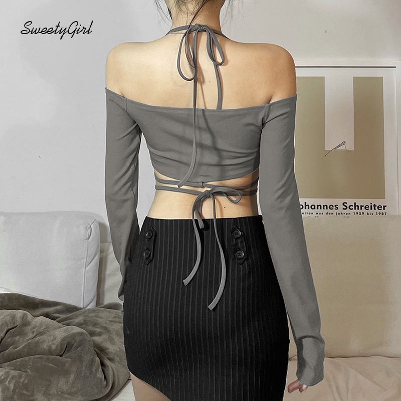 Áo Croptop Trễ Vai Tay Dài Dáng Ôm Màu Trơn Thời Trang Quyến Rũ Cho Nữ