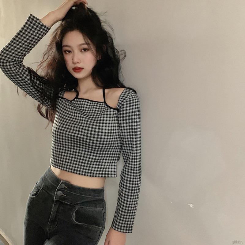 Áo Lửng Tay Dài Trễ Vai Họa Tiết Ca Rô Gợi Cảm Cho Nữ | BigBuy360 - bigbuy360.vn