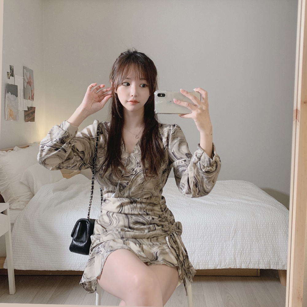 Đầm SUXI tay dài cổ chữ V thời trang Hàn Quốc