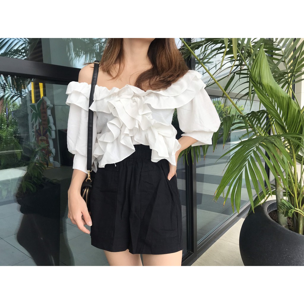 🌹🌺Áo trễ vai màu trắng Loại 1 đính ngọc❤️FREESHIP hai dây bèo nhún dài tay bồng