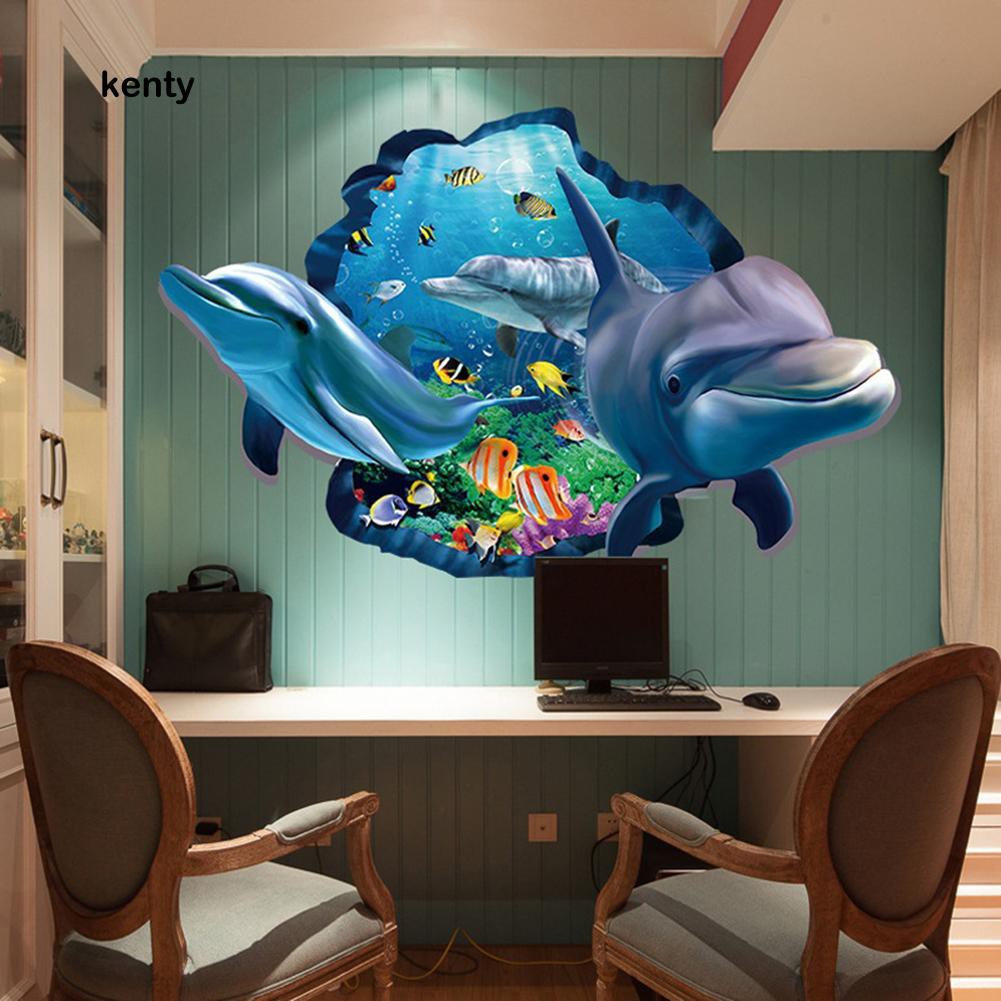 Sticker dán tường hình chú cá heo bơi dưới nước trang trí phòng bé 60x90cm