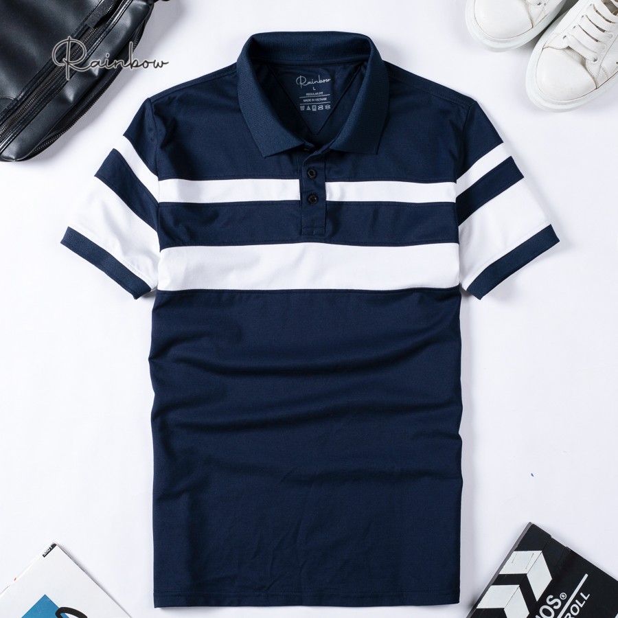 Áo polo nam có cổ chính hãng Rainbow PO003 - Xanh navy phối sọc thân | BigBuy360 - bigbuy360.vn