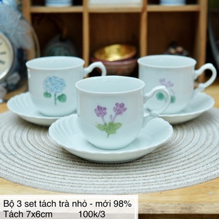 3 bộ tách trà kèm đĩa vẽ hoa - gốm sứ nhật bản
