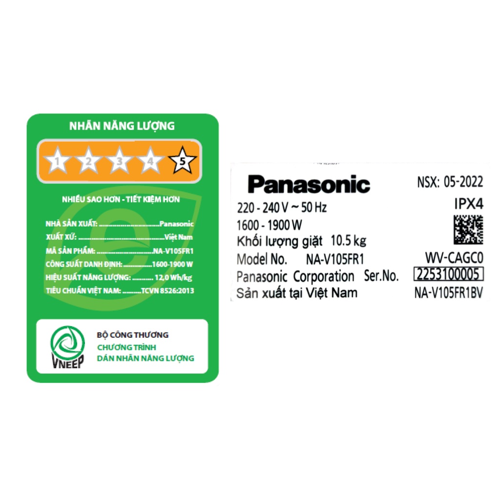 Máy giặt sấy Panasonic Inverter 10.5 kg NA-V105FR1BV