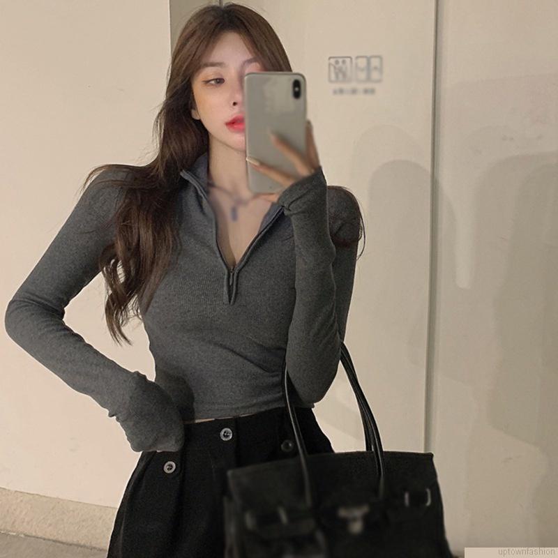 Áo crop top tay dài màu sắc thời trang thu đông cho nữ