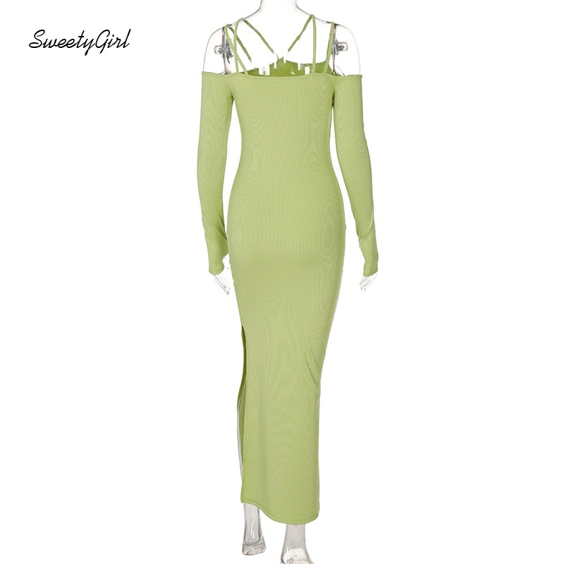 Đầm midi tay dài hở vai màu trơn thời trang quyến rũ cho nữ