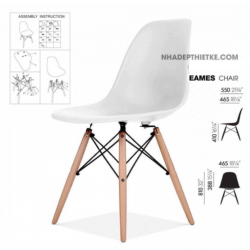 Ghế eames nhựa chân gỗ nhập khẩu - ghế cafe - ghế phòng khách ( màu trắng)