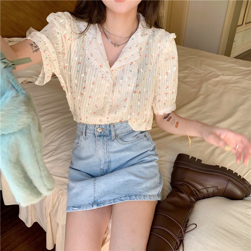 Áo sơ mi phối ren hoa ngắn tay phong cách ngọt ngào mới 43916 | BigBuy360 - bigbuy360.vn