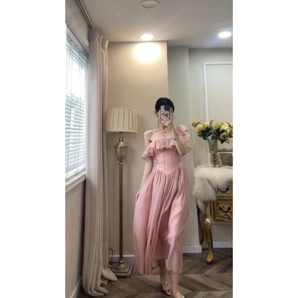Váy seri tơ hồng dài trễ vai