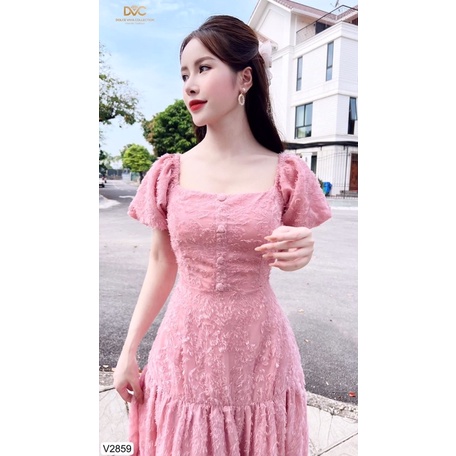 V2859 váy xoè ren lông màu hồng